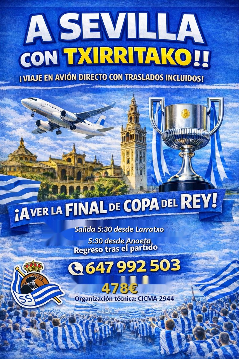 AitorErre's tweet photo. 🧵(1) 🏆Para intentar ayudar en el desplazamiento masivo de la afición  de la @RealSociedad , hago un hilo resumen de las diferentes alternativas hasta el momento (supongo que el club ofertará algo más adelante). En 1° lugar, vuelo organizado por Txirritako en el mismo día: https://t.co/aCSCJYOcPY