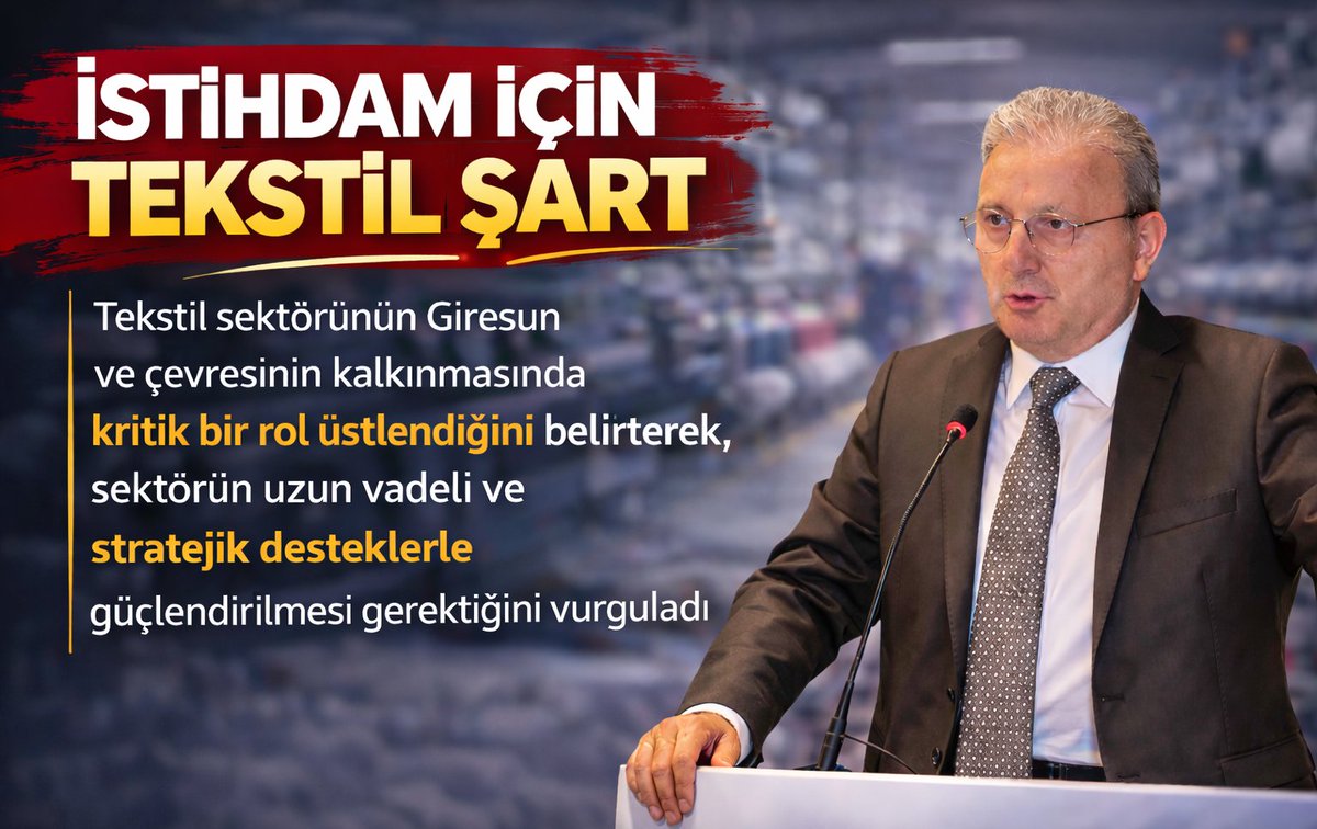 iresun Ticaret ve Sanayi Odası Yönetim Kurulu Başkanı Hasan Çakırmelikoğlu, tekstil sektörünün Giresun ve çevresinin kalkınmasında kritik bir rol üstlendiğini belirterek, sektörün uzun vadeli ve stratejik desteklerle güçlendirilmesi gerektiğini vurguladı.
giresuntso.org.tr/istihdam-icin-…