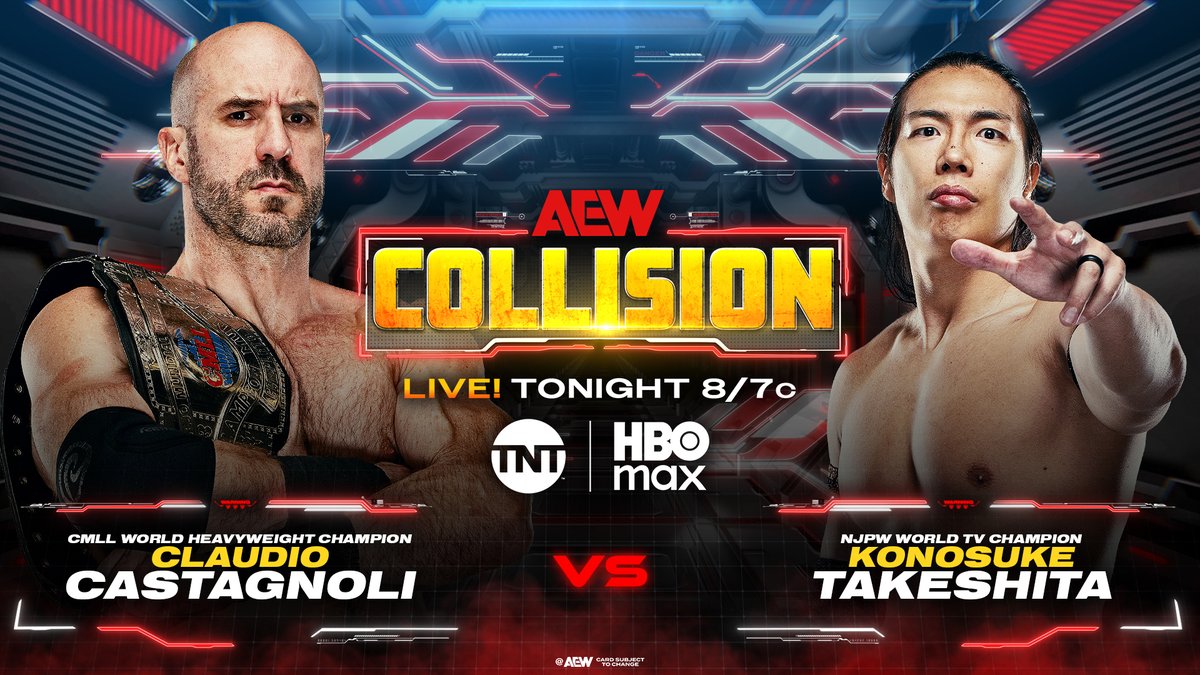 AEW's tweet photo. TONIGHT!

A stacked night that could have major implications for #AEWRevolution is on deck for Saturday Night #AEWCollision!

Watch LIVE at 8/7c on @TNTDrama + @SportsOnMAX, TONIGHT! https://t.co/2h3CCuYlcw