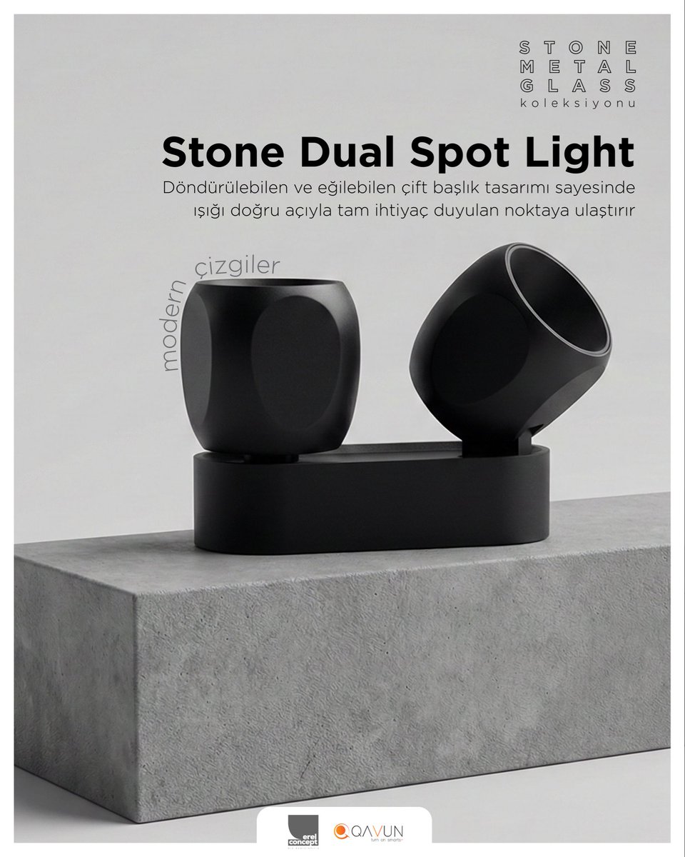 erelconcept's tweet photo. Qavun Stone Metal Glass koleksiyonunun Stone Dual Spot Light modeli, döndürülebilen ve eğilebilen çift başlık tasarımıyla ışığı ihtiyaç duyulan noktaya doğru açıyla yönlendirir. . https://t.co/bYTJGd9rId