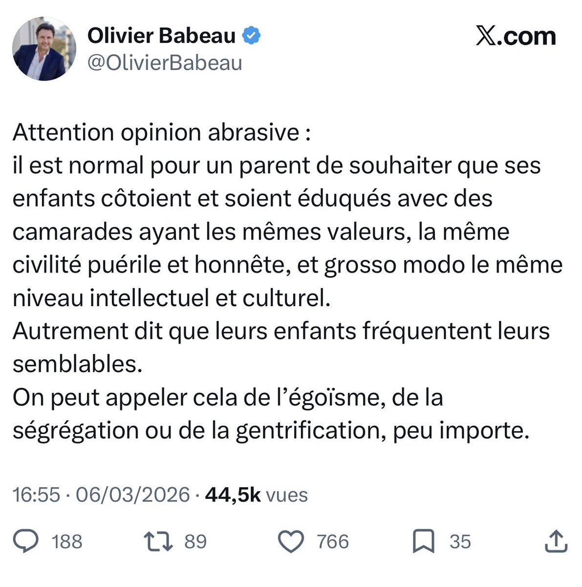 Non Olivier, c’est juste du racisme social. Un manque d’ouverture aux autres et un ego surdimensionné. La valeur ajoutée de grandir avec des gens différents est juste incroyable. Et cela n’empêche pas de réussir. Tu seras juste plus humain et moins con