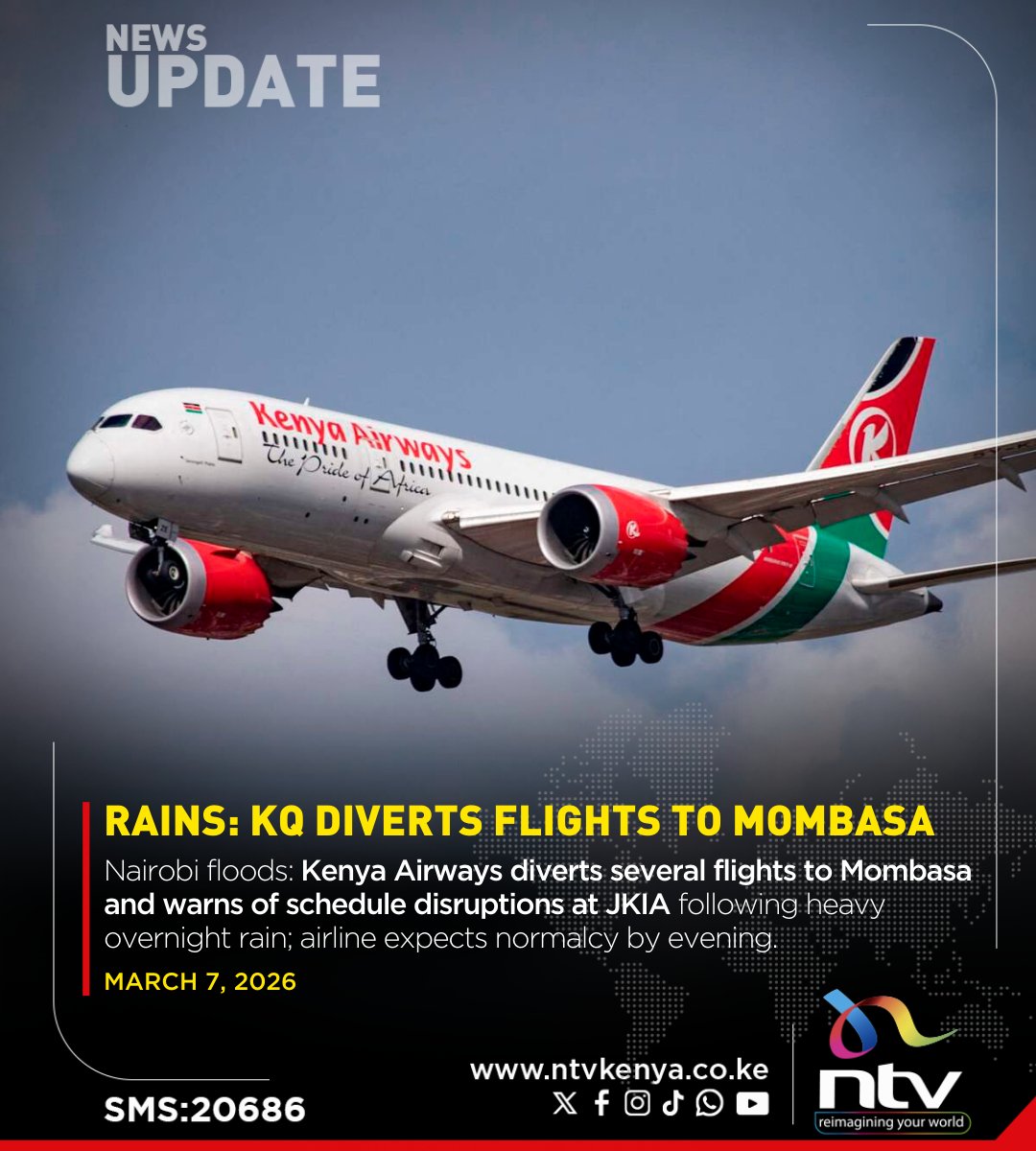ntvkenya's tweet photo. Kenya Airways diverts several flights to Mombasa and warns of schedule disruptions at JKIA following heavy overnight rain; airline expects normalcy by evening. https://t.co/iY7oLylJkU