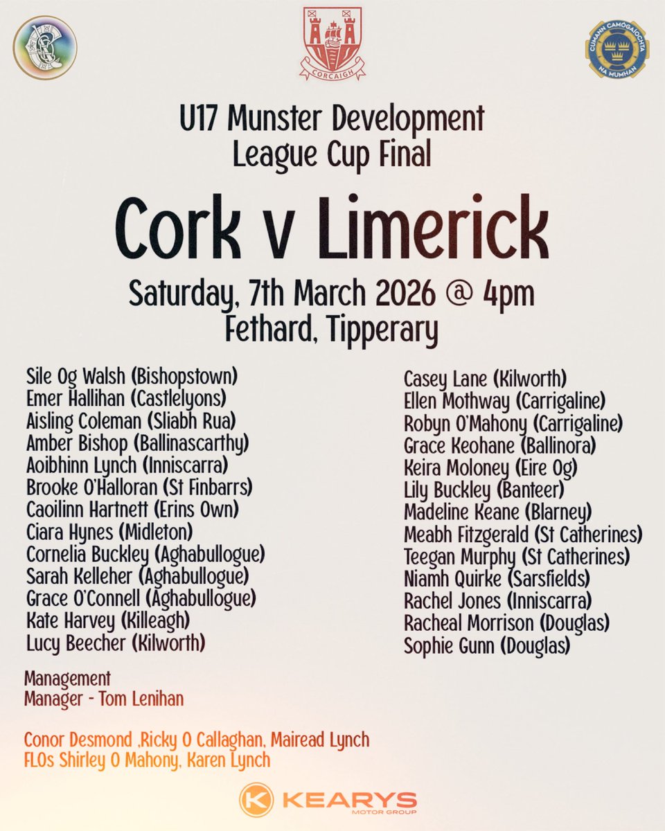 CorkCamogie's tweet photo. Our U17s are also on the road today to play an important match in their development. They face Limerick in the U17 Munster Development League Cup Final this afternoon.

Best of luck to all the Cork players and management. 🔴⚪

📍 Fethard, Tipperary
🕓 4pm throw-in https://t.co/usxOZmU5HG