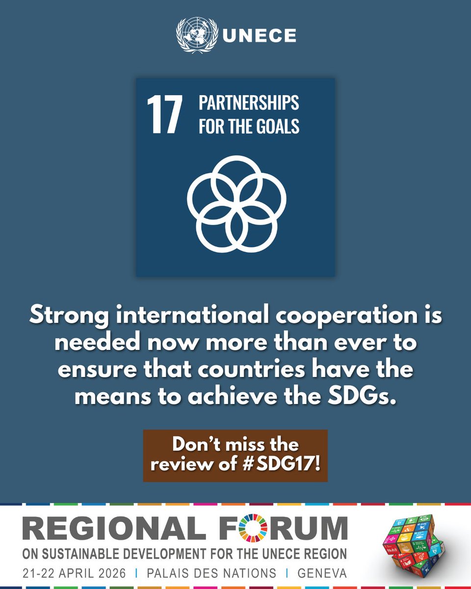 UNECE's tweet image. Revitalizing global #partnerships is necessary to bring the benefits of development for all 🤝

Review of #SDG17 &amp;amp; turning commitments into action will be at the agenda of the @UNECE Regional Forum on Sustainable Development #RFSD2026

📅21-22 April 2026
📍@UNGeneva