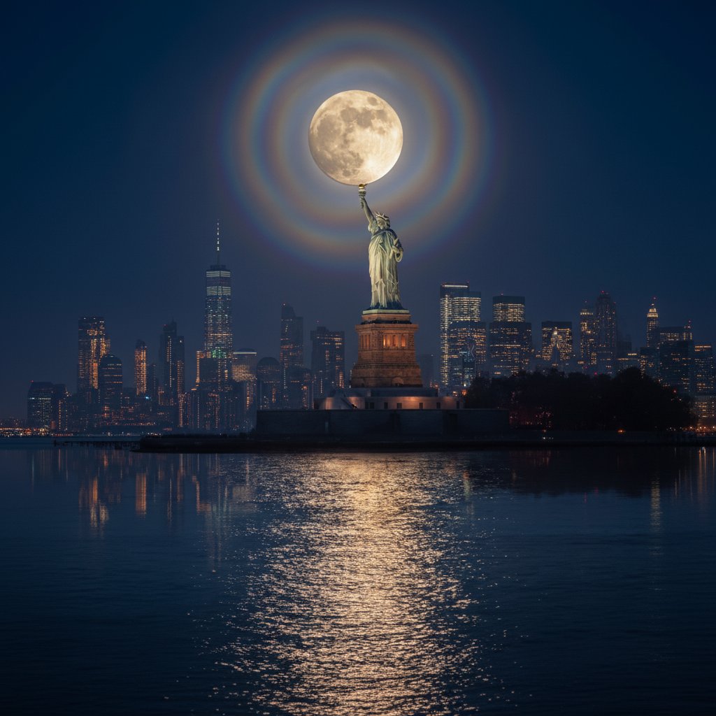 When the Moon becomes the torch of the Statue of Liberty over New York City. 🌕🗽✨