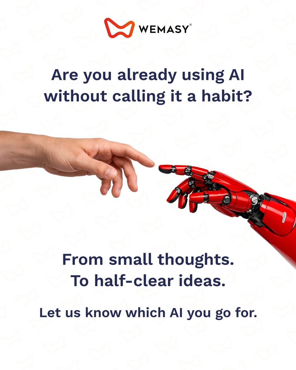 WEMASY_com's tweet photo. Do you use AI tools?

For work.
For ideas.
For everyday things.
66% of people already use AI regularly.
Which AI do you use the most?
Comment below 
#AI #AITools #ArtificialIntelligence #FutureOfWork #WorkSmarter #DigitalLife #TechTrends #ProductivityHacks #EntrepreneurMindset https://t.co/m9vhAIrRMB