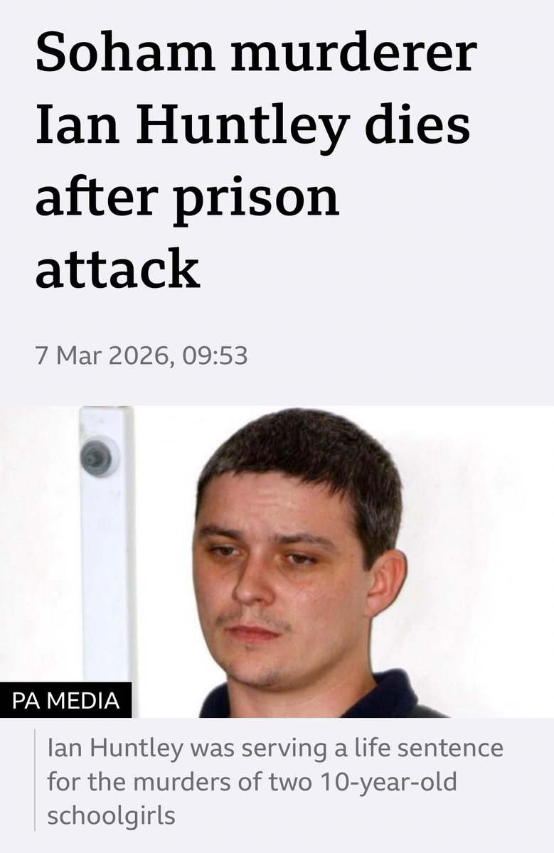 Great news, Ian Huntley’s dead. 

Hope the cunt felt every last drop of pain when his skull was getting caved in.