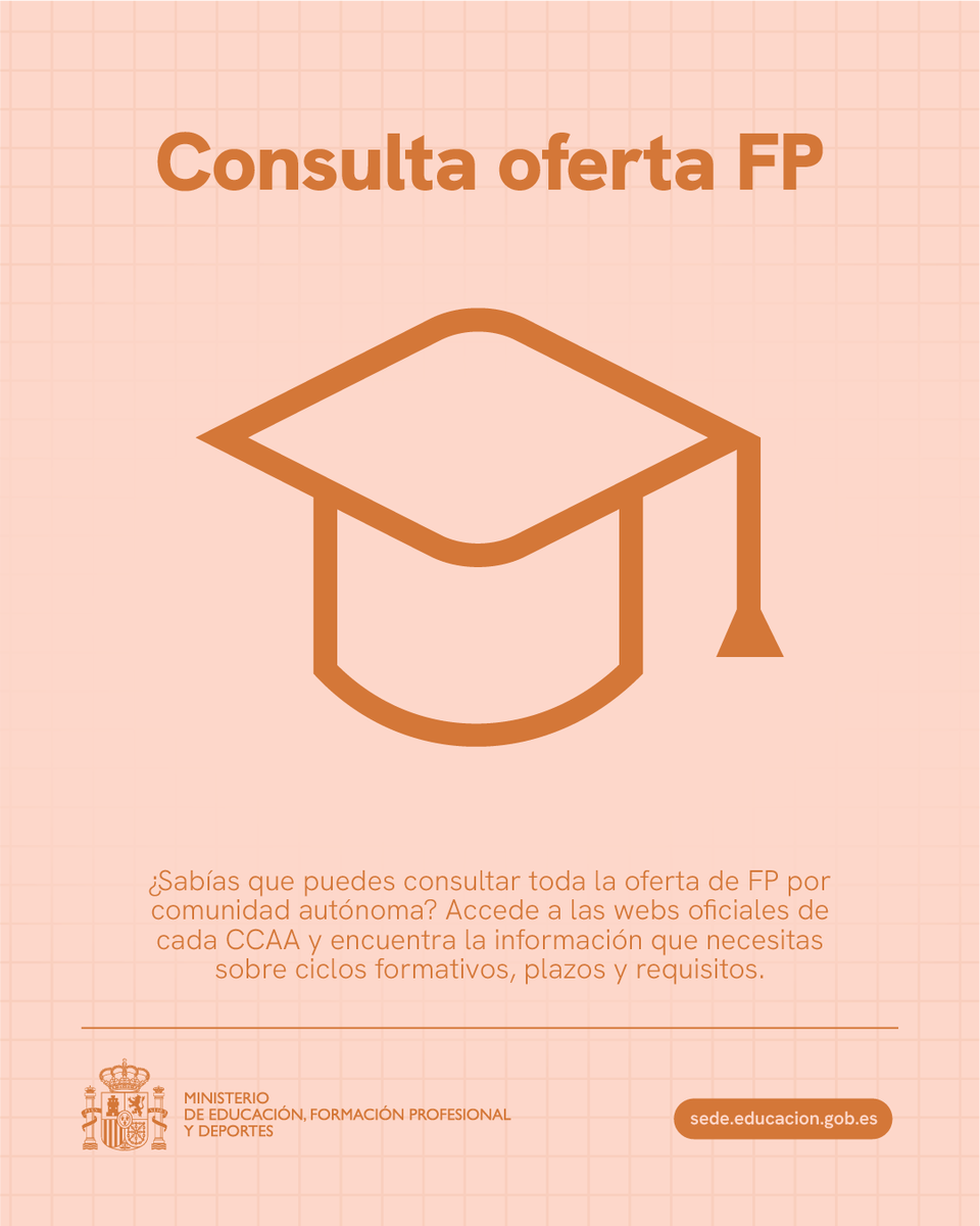 educaciongob's tweet image. 🔍🎓 ¿Sabías que puedes consultar toda la oferta de FP por ccaa? 

Accede a las webs oficiales de cada ccaa y encuentra la información que necesitas sobre ciclos formativos, plazos y requisitos. 

Consulta más aquí: f.mtr.cool/yxuuscpkyo 

#FP #Educación #Formación