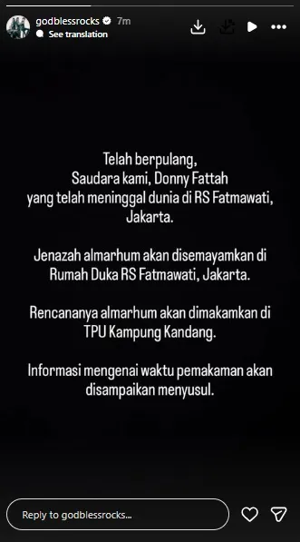 MuaraMusik's tweet photo. Kabar duka datang dari panggung rock tanah air. Sosok di balik band God Bless, Donny Fattah, meninggal dunia.
Donny Fattah mengembuskan napas terakhirnya dalam usia 76 tahun. Dia meninggal di Rumah Sakit Fatmawati, Jakarta, pada hari Sabtu (7/3/2026). https://t.co/msBSVbSV24