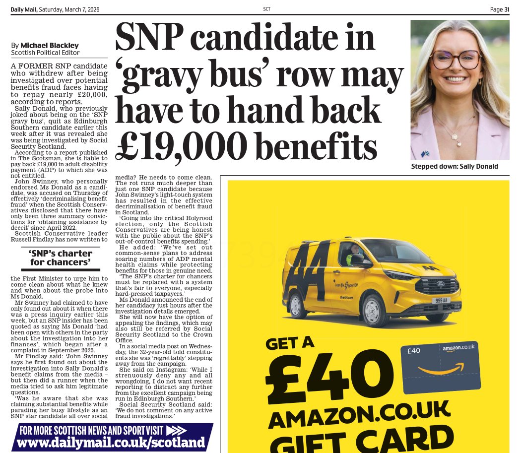 SNP “gravy bus” candidate Sally Donald may have to repay £19,000 in falsely claimed benefits.

Nearly 20 years of SNP rule and even their candidates seem to think the system is a personal ATM.