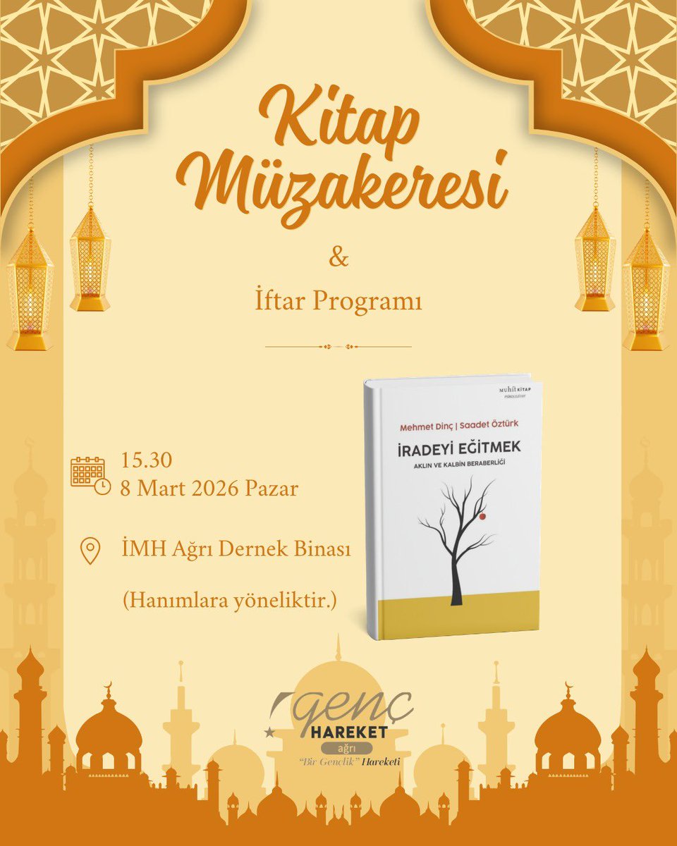 Kitap Müzakeresi &amp; İftar Programı
Mehmet Dinç | Saadet Öztürk'ün yazdığı "İradeyi
Eğitmek" kitabını müzakere edeceğimiz ve ardından birlikte iftar açacağımız bu kıymetli programa Kitap
Müzakeresi katılımcılarını bekliyoruz.
.
#müzakere #imhağrı #kitap