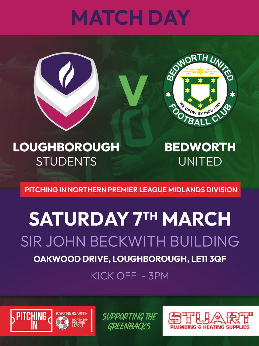 ⚽️ MATCHDAY ⚽️

🗓 8th March 
🆚 Loughborough students 
🏆 <a href="/NorthernPremLge/">The Pitching In Northern Premier League</a> Midlands
🏟 Loughborough university stadium 
⏰ 15:00 

Please note: cash only turnstiles and car parking charges apply