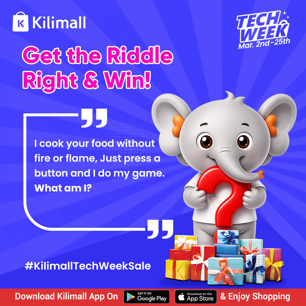 Kilimall's tweet photo. Get the Riddle Right & Win!🎁🥳
✨I cook your food without fire or flame,
✨Just press a button and I do my game
What am I?
✅The first person to get it right wins a free gift courtesy of #KilimallTechWeekSale >> https://t.co/7Pt20lrbhD which is running till 25th March🥳Don't miss out, nyakua hiyo laptop, simu, cooker, Fridge, anything tech na bei ya kupewa leo!
Download the Kilimall app from play store/app store and enjoy affordable shopping!🛒💃
#Kilimall #Phones #Fridge #Speaker #Laptop #offer #disco
