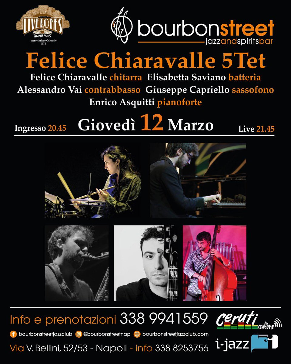 Giovedì 12/03 il Live Tones Napoli porta sul palco de Bourbon Street un gruppo di giovani musicisti che presenteranno"Safe Place".Sul palco:

Felice Chiaravalle chitarra
Elisabetta Saviano batteria
Alessandro Vai c/basso
Giuseppe Capriello sax
Enrico Asquitti piano
☎️3389941559