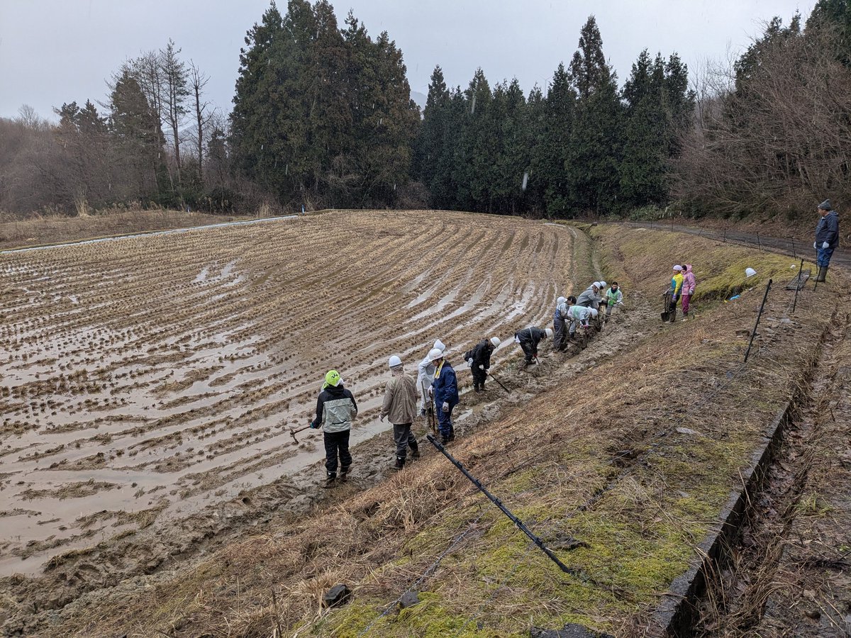 ryuvnc's tweet photo. 【令和6年能登半島地震第7回災害支援ボランティア　2日目②】
2日目の午後は田んぼの水路の泥出しをしました。
水害で埋まった田んぼの水路。田植えの前に水が通るように、雪や霰が時々降る中、みんなで掘り起こしました。 https://t.co/C9awwLjN4v