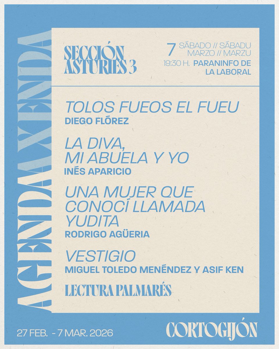 AGENDA SÁBADO:

⚫️ ‘Seccion Asturias II’
📍 Paraninfo Laboral 18:00h
⚫️ ‘Seccion Asturias III’
📍 Paranindo Laboral 19:30h
                       + 
 🏆Lectura de Palmarés 🏆

🎫 Invitaciones AGOTADAS para ambos pases 🎫