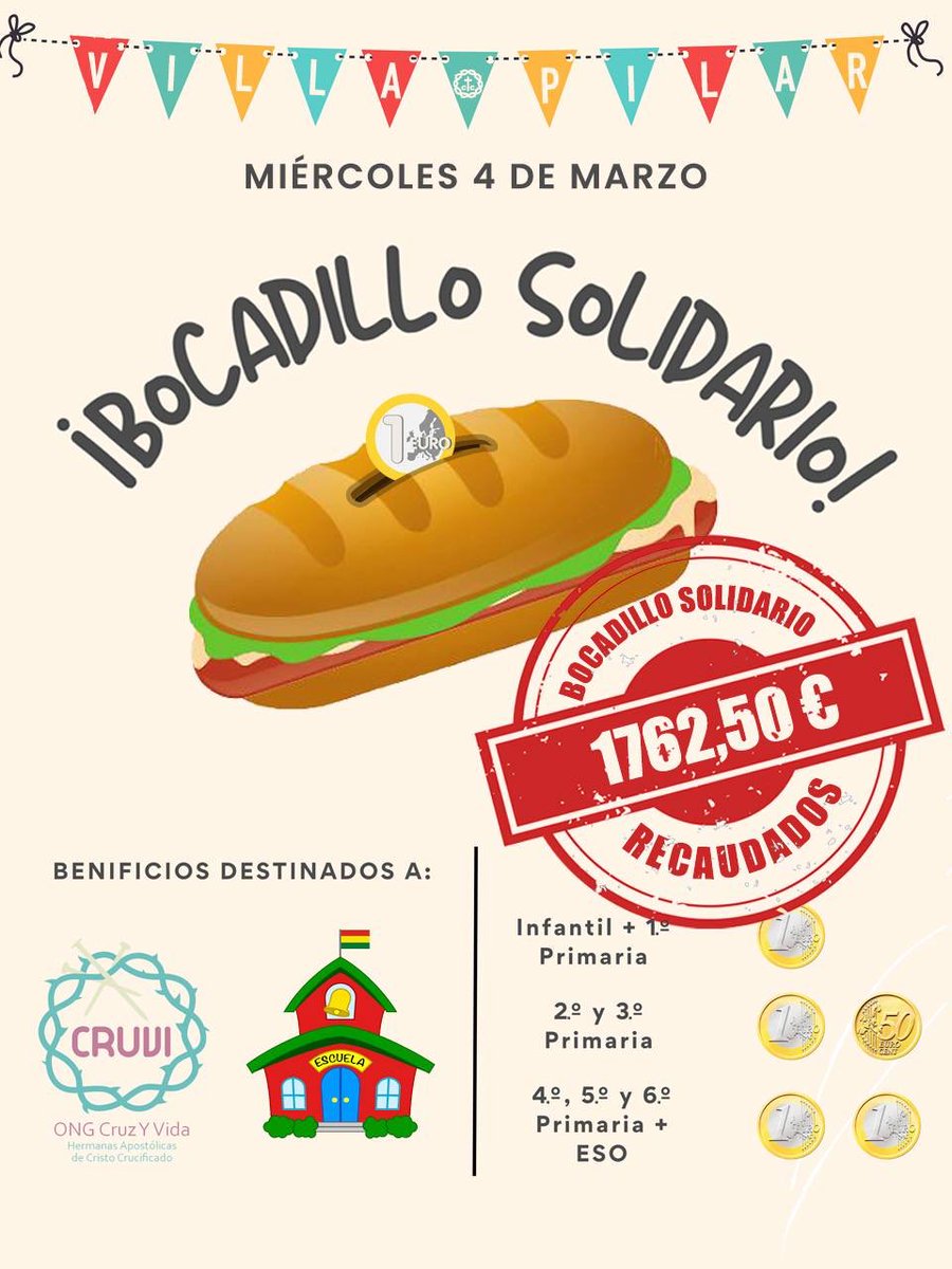 El pasado Bocadillo Solidario contó con una gran participación.
Gracias a la colaboración de todos, se han recaudado 1762,50 €, que se destinarán al «Proyecto Escuela» que las hermanas llevan a cabo en Bolivia 🇧🇴. Agradecer la implicación de la AMPA y las empresas participates.