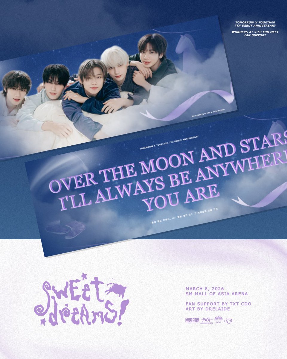 TXT_CDO's tweet photo. 𝐅𝐨𝐫 𝐭𝐡𝐞 𝐬𝐭𝐚𝐫𝐬 𝐭𝐡𝐚𝐭 𝐡𝐚𝐯𝐞 𝐡𝐞𝐥𝐝 𝐨𝐮𝐫 𝐬𝐞𝐯𝐞𝐧 𝐲𝐞𝐚𝐫 𝐬𝐭𝐨𝐫𝐲 💫

Wonders at 5:53 #TOMORROW_X_TOGETHER fan support by @txt_cdo fanbase 

🎠 March 8, 2026
🩰 SM Mall of Asia Arena

Art by: @drelaide
Amplified by: @byeolproduction https://t.co/mxXZKVDXRi