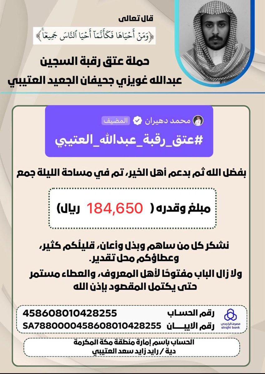 بفضل الله ثم بفضل أهل الخير تم إغلاق مساحة الامس على مبلغ 184,650 ريال.

الشكر لكل من ساهم وتبرع ونشر وبيّض الله وجوهكم وجعل ما قدمتموه في موازين حسناتكم.
#عتق_رقبة_عبدالله_العتيبي