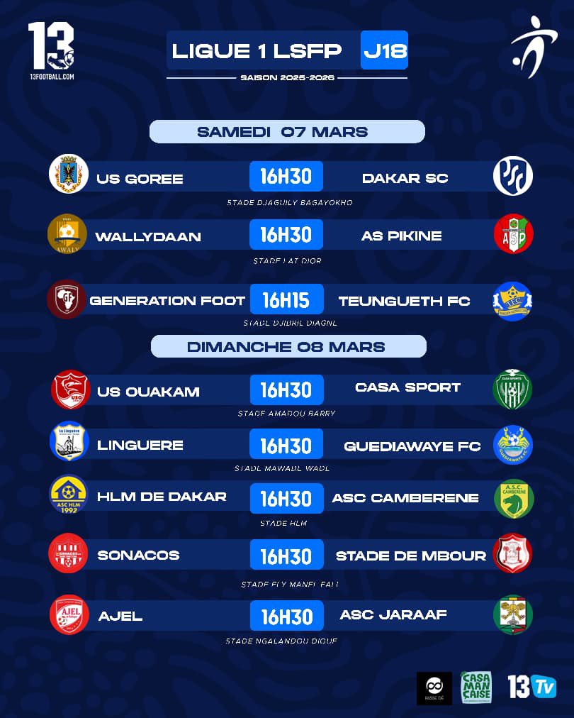 13footballC's tweet image. Programme des 18es journée Ligue 1 &amp;amp; Ligue 2 🇸🇳

#13Football
#13TV 
#LSFP