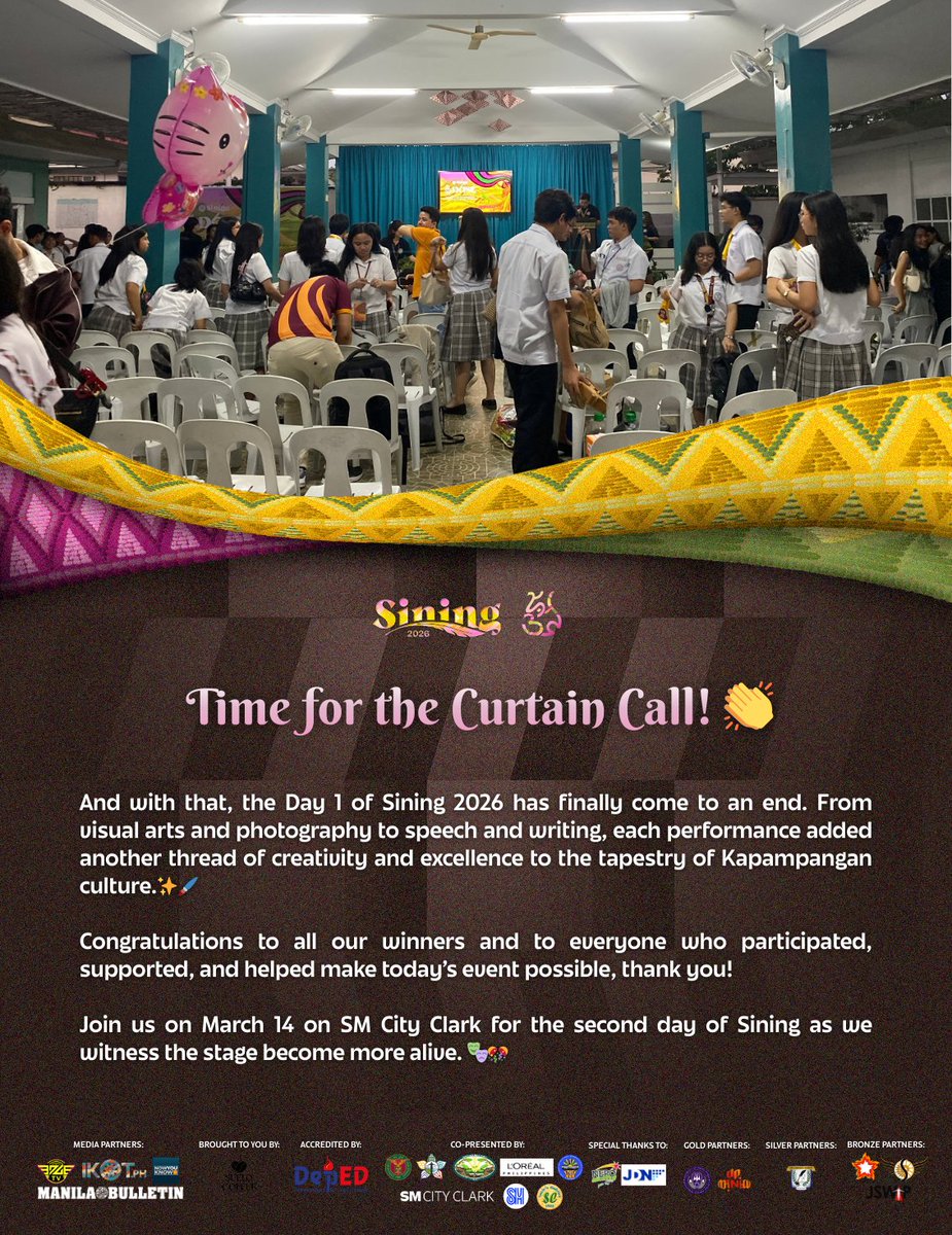 upaguman's tweet photo. Time for the Curtain Call! 👏

Congratulations to all our winners and to everyone who participated and helped make today’s event possible, thank you!

Join us on March 14 on SM City Clark for the second day of Sining. 🎭🎊

#Sining2026
#Aguman52 https://t.co/y5ptKXgy1k