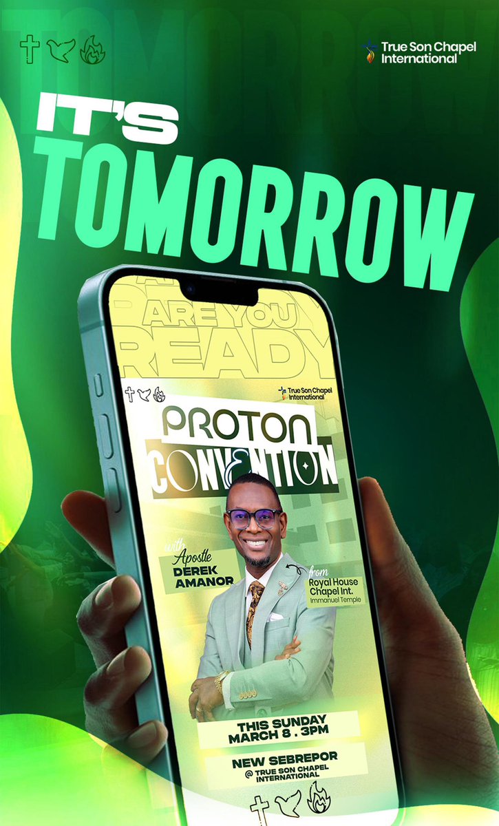 __tsci's tweet photo. It’s almost here 💃🏽💃🏽💃🏽

All roads lead to True Son Chapel International tomorrow at 3pm sharp for our *Proton convention* 🥳🥳🥳🥳

Don’t be left out!
A blessing awaits you!

#Protonconvention https://t.co/ha3yeRR21Z