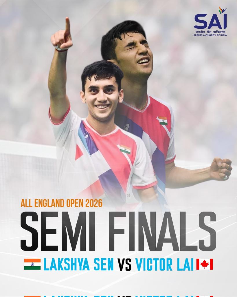 Media_SAI's tweet photo. Eyes on the Semi-finals! 🔥🏸

India’s rising star Lakshya Sen is set for a high-voltage clash in the semi-finals of the All England Open Badminton Championships against Canada’s Victor Lai. 🇮🇳🇨🇦

Speed, skill and determination, let’s rally behind Lakshya as he battles for a place in the final! 💪✨

#LakshyaSen #AllEnglandOpen #TeamIndia #IndianBadminton