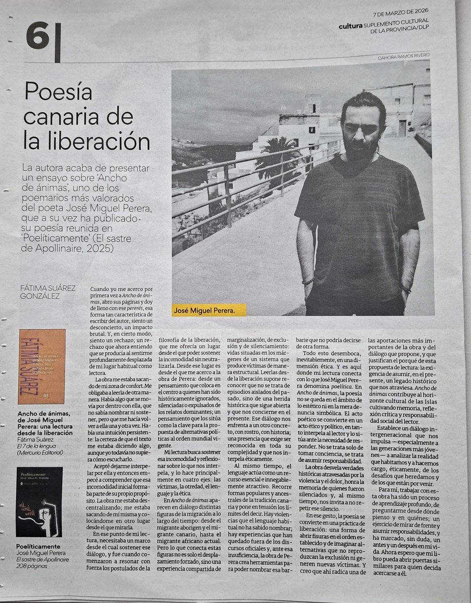 Artículo sobre la publicación de “Poelíticamente”, la poesía completa de #josémiguelperera hoy en el suplemento cultural de La Provincia

#autorescanarios #josémiguelperera #elsastredeapollinaire #yaenlibrerías #librosrecomendados📚 #reseñasliterarias #reseñasdelibros