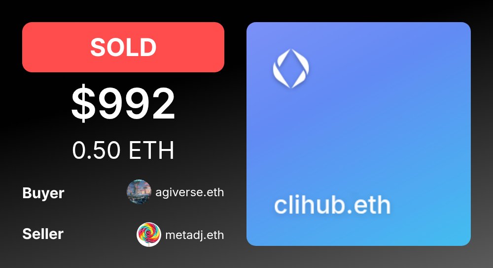ENSMarketBot's tweet image. 💰 SOLD: clihub.eth

For: $992.25 (0.50 ETH)
Buyer: agiverse.eth

Seller: metadj.eth

grails.app/clihub.eth