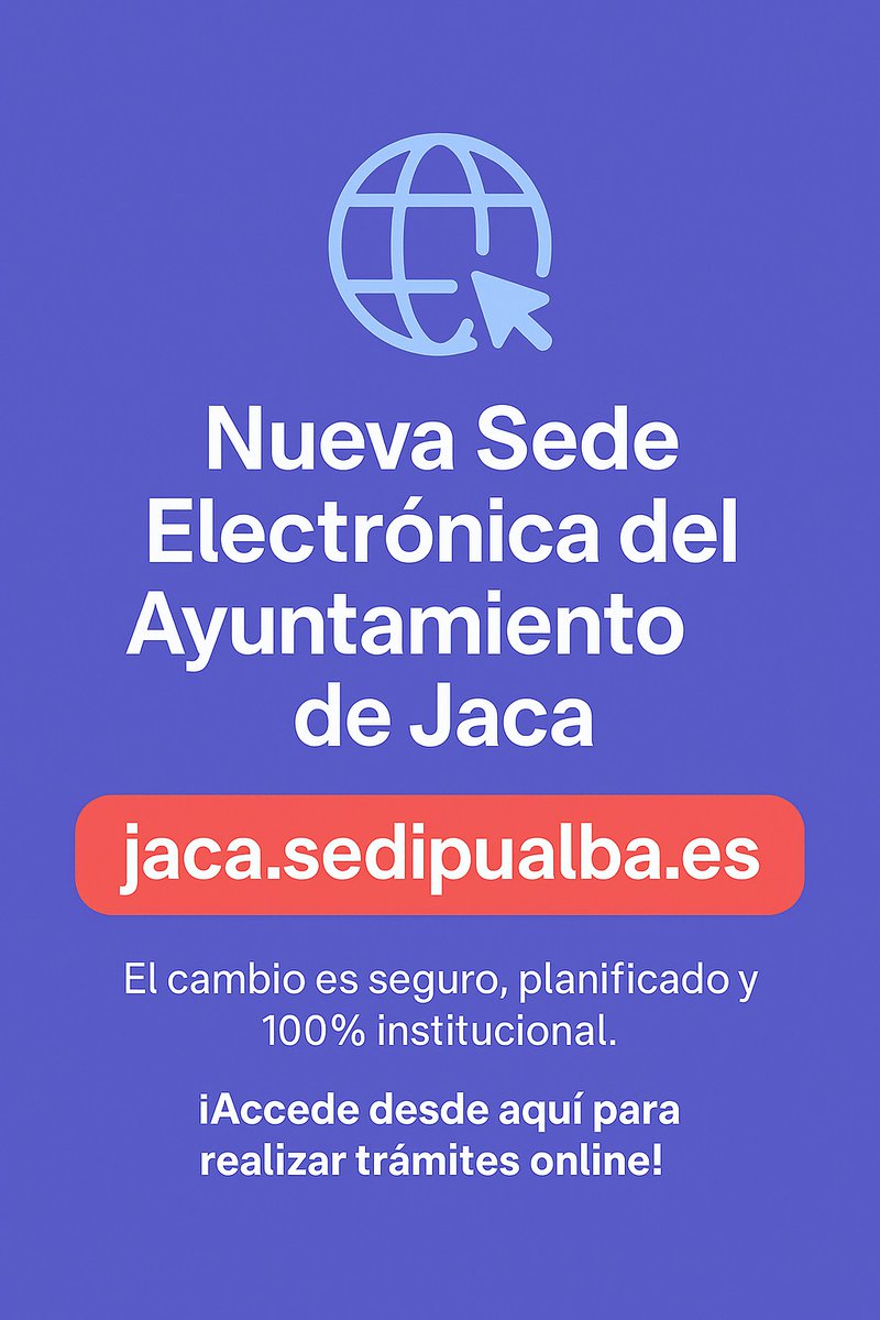 AytoJaca's tweet photo. 📢 Nueva Sede Electrónica del Ayuntamiento de Jaca

Hemos renovado la Sede Electrónica y la URL oficial ahora es 👉 https://t.co/2r5woMhDNd

Si necesitas hacer trámites online, accede siempre desde esta dirección o desde los canales oficiales del Ayuntamiento https://t.co/Zmee4gda08