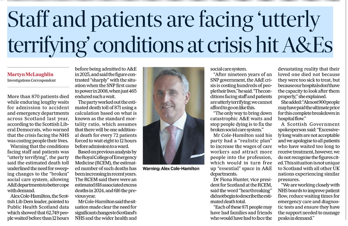 The SNP have run Scotland’s NHS for nearly two decades.

Now we learn 870 people died while waiting for A&amp;E care last year.

If this happened anywhere else in Europe, the government would fall.