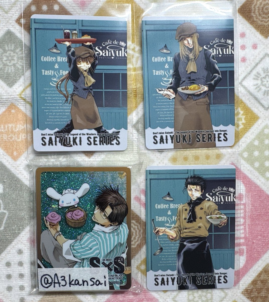 A3kansai's tweet photo. 【交換】最遊記 NATSLIVE CAFE カフェ 缶バッジ 特典カード

【譲】
デフォ缶バッジ:三蔵 悟空 ﾁﾋﾞ悟空 捲簾
等身缶バッジ: 三蔵 悟空 ﾁﾋﾞ悟空 捲簾 天蓬
カード: ﾁﾋﾞ悟空 金蝉 捲簾

【求】
等身＆カード
八戒 各1 or 定価(送料)

お気軽にお声掛け下さい。
初回プロカ確認お願いします。 https://t.co/5sTnXi6Gq5
