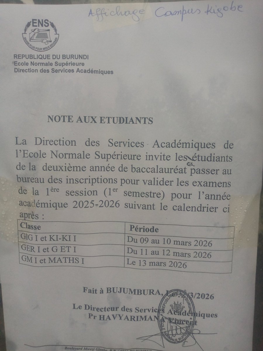 La Direction des Services Académiques de l'ENS invite les étudiants de Bac II à passer au bureau des inscriptions pour valider les examens de la première session (premier semestre) de l'A/A 2025-2026.
