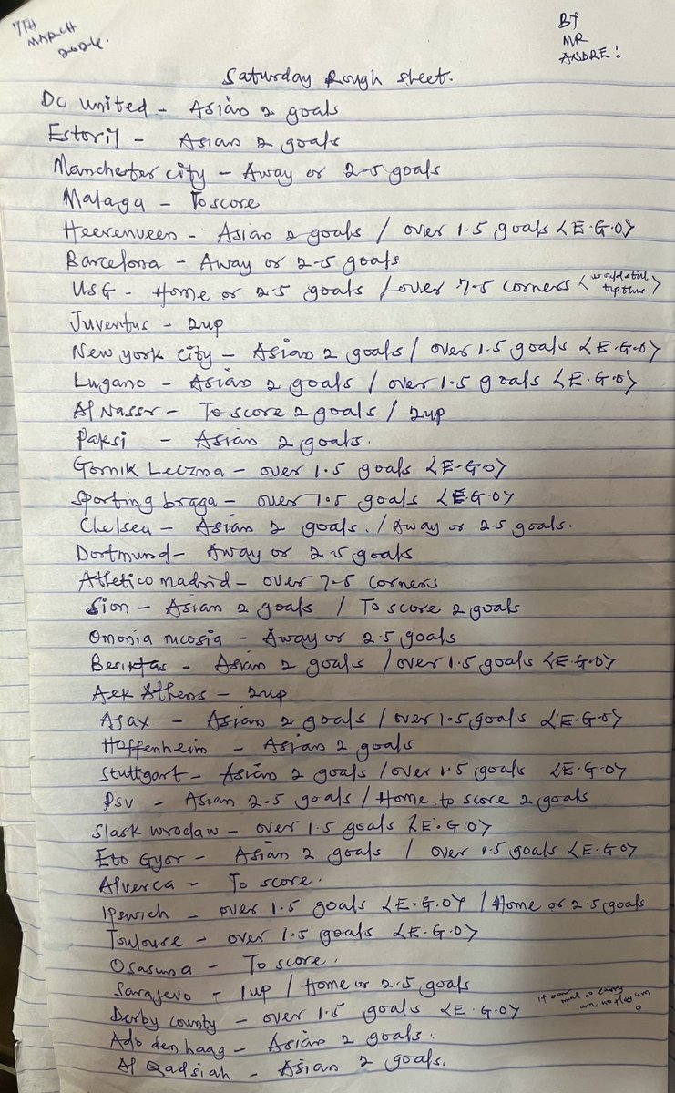 KingAndreasss's tweet photo. Saturday Rough sheet 

Done every possible analysis, checked H2H, likely outcomes, team strengths, availability of players and current form. All we need now is LUCK

Pick your 10,20, 50 odds here or better still risk it all like I do, Today might be our lucky day 

Play,Edit, Remove or Ignore. You can always do your crosscheck on every game, no one is perfect with this prediction stuff.

Tag your favorite editors and punters on this and also share to whoever needs to see it. 

Bet Responsibly and Goodluck once again 🤞🏽