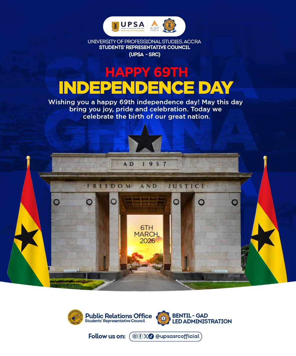 upsasrcofficial's tweet photo. Happy 69th Independence Day🎉from the SRC. 
 Wishing you joy, pride, and celebration as we commemorate the birth of our great nation, Ghana. 

 Celebrating freedom and justice .
#upsasrc #GhanaIndependence #celebration https://t.co/kRgBuD3huE
