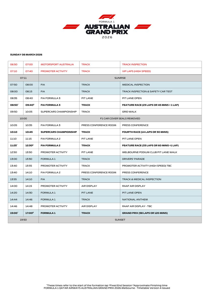 fiadocsbot's tweet photo. New document: Doc 31 - Timetable V4
Published on 07.03.26 04:02 CET

https://t.co/S8XgvYGxLt
#F1 #Formula1 #FIA https://t.co/NYtria0no3