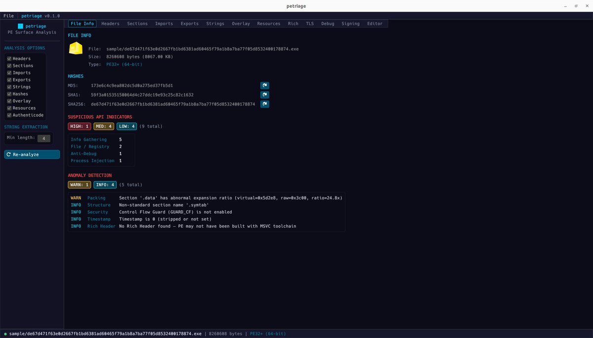UkyKnight's tweet photo. PETriage: is a Rust PE surface-analysis tool for malware triage.
CLI + GUI on Linux/macOS/Windows. Fully offline (no network required).
Analyze PE files without a Windows-only workflow: 
https://t.co/vwR1SMuZ1V
https://t.co/Mh0mLcc3nS
#rust #pe #malware #triage #petriage https://t.co/nh3D8gbMoE