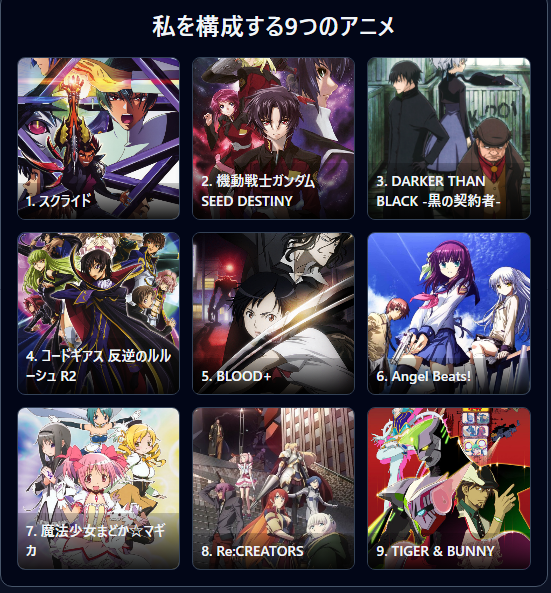 #私を構成する9つのアニメ

1. スクライド
2. 機動戦士ガンダムSEED DESTINY
3. DARKER THAN BLACK -黒の契約者-
4. コードギアス 反逆のルルーシュ R2
5. BLOOD+
6. Angel Beats!
7. 魔法少女まどか☆マギカ
8. Re:CREATORS
9. TIGER &amp; BUNNY

アニメ限定ならこれら。
特にスクライドは教科書である。