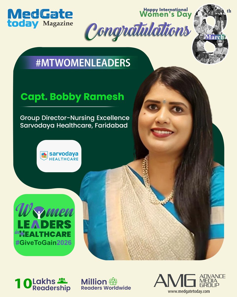 Medgate_Today's tweet photo. Celebrating dedication and leadership in healthcare this International Women’s Day
Honouring Capt. Bobby Ramesh, Group Director – Nursing Excellence at Sarvodaya Healthcare, as one of the #MTWomenLeaders featured by MedGate Today. 
#MTWomenLeaders #WomenInHealthcare #Healthcare https://t.co/5fU92jAUJg