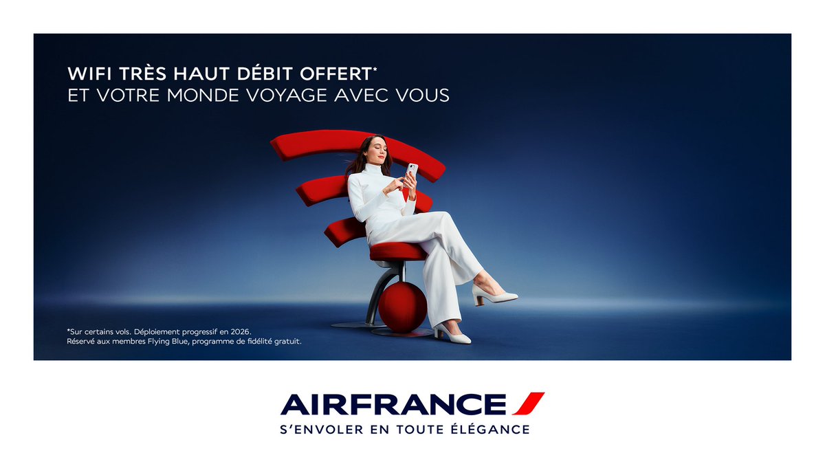 airplusnews's tweet photo. 🇫🇷 Air France présente une nouvelle campagne publicitaire afin de continuer à soutenir sa stratégie de montée en gamme et accompagner le lancement de ses nouveaux produits.

La campagne met en avant les couleurs emblématiques d’Air France : le bleu profond, le blanc lumineux et des touches de rouge, désormais plus présentes. Cette nuance plus affirmée souligne avec audace la singularité du voyage à la française, signature de la compagnie, ainsi que son attention à chaque détail.