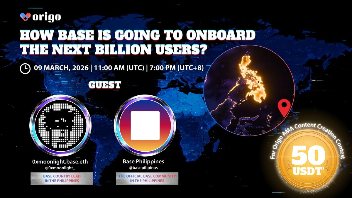 🎙️ #OrigoAMA: #Origo Across Borders Featuring <a href="/base/">Base</a> Country Leads 📸

📇 Theme: How Base Is Going To Onboard The Next Billion Users?
🗓️ Date: 09 March, 2026
⏲️ Time: 11:00 AM (UTC) | 7:00 PM (UTC+8)
💰 50 USDT rewards for the Content Creator Contest
📍 Location: