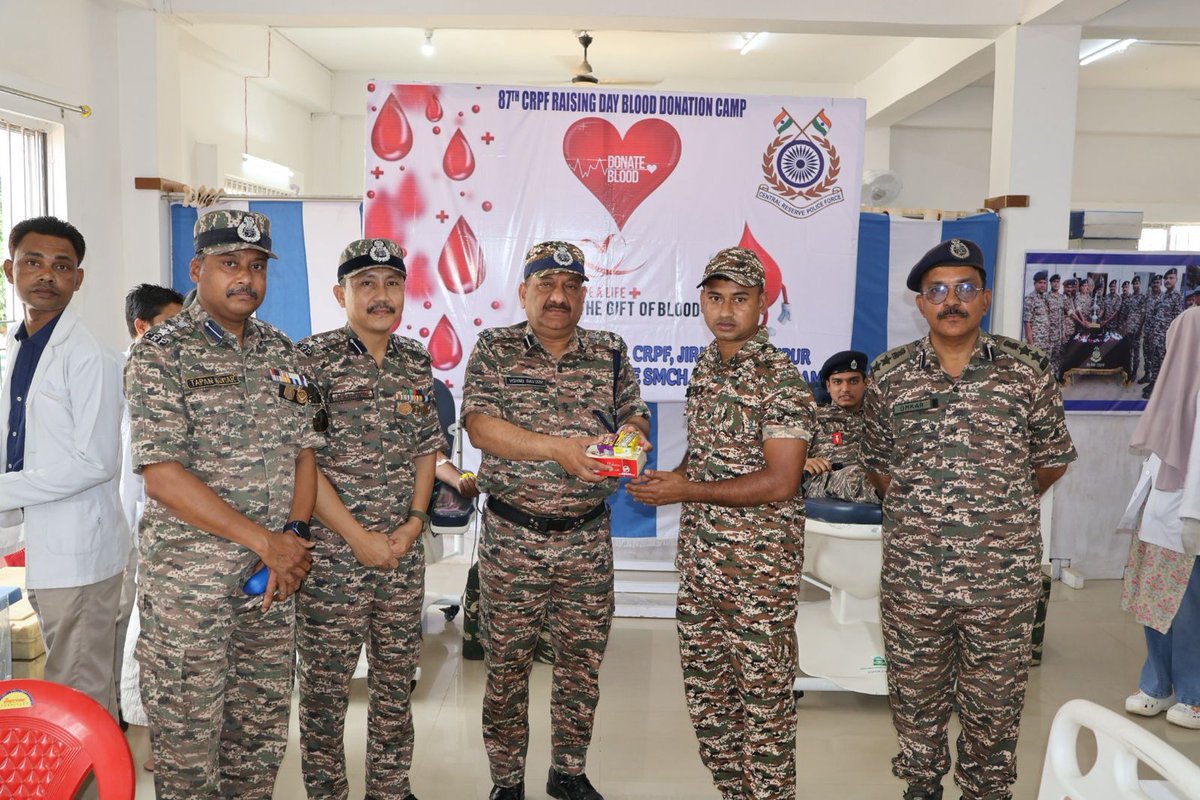 156Bn's tweet photo. To commemorate the 87th CRPF Raising Day,a Blood Donation Camp was jointly organized by Dett 20 Bn CRPF and Dett 156 Bn in coordination with Silchar Medical College and Hospital on 07 March 2026 at Dett 20 HQ, DC Office Complex,Jiribam, Manipur, under the aegis of M &amp; N Sector. https://t.co/3dkABD8IRR