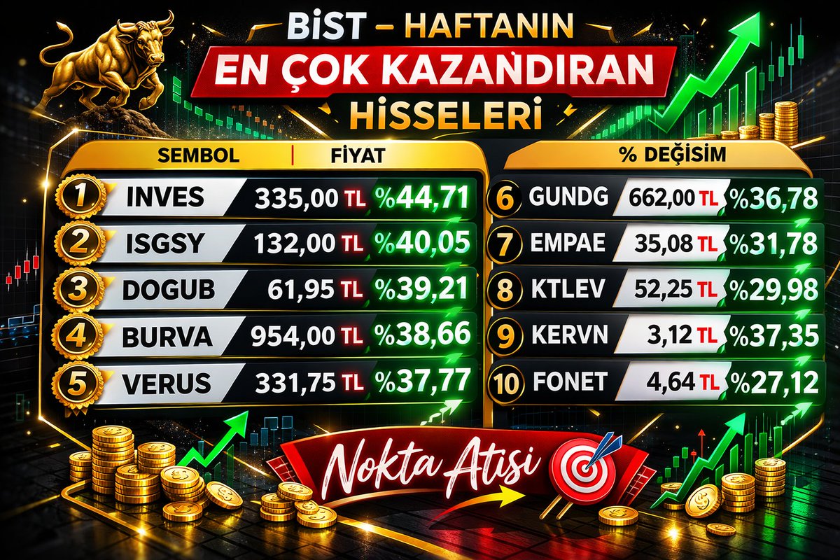 Abdi__ibrahim's tweet image. 📊 Haftanın En Çok Kazandıran Hisseleri (BIST)

🚀 #INVES %44,71

📈 #ISGSY %40,05

📊 #DOGUB %39,21

💹 #BURVA %38,66

🔥 #VERUS %37,77

🚀 #GUNDG %36,78

📈 #EMPAE %31,78

📊 #KTLEV %29,98

💹 #KERVN %27,35

🔥 #FONET %27,12

#BIST100 #Borsa #Hisseler #Yatırım #BIST
