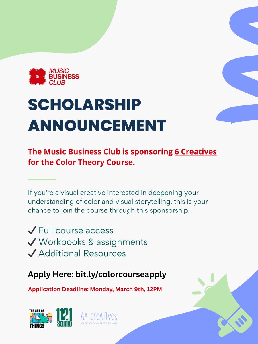 6 Sponsored Seats Available 🚨🎨

The Music Business Club <a href="/musicbclub/">Music Business Club</a> is Sponsoring 6 Creatives to take the Color Theory Course! 

This means 6 selected applicants will receive full access to the course at NO cost.

Applications are now open!