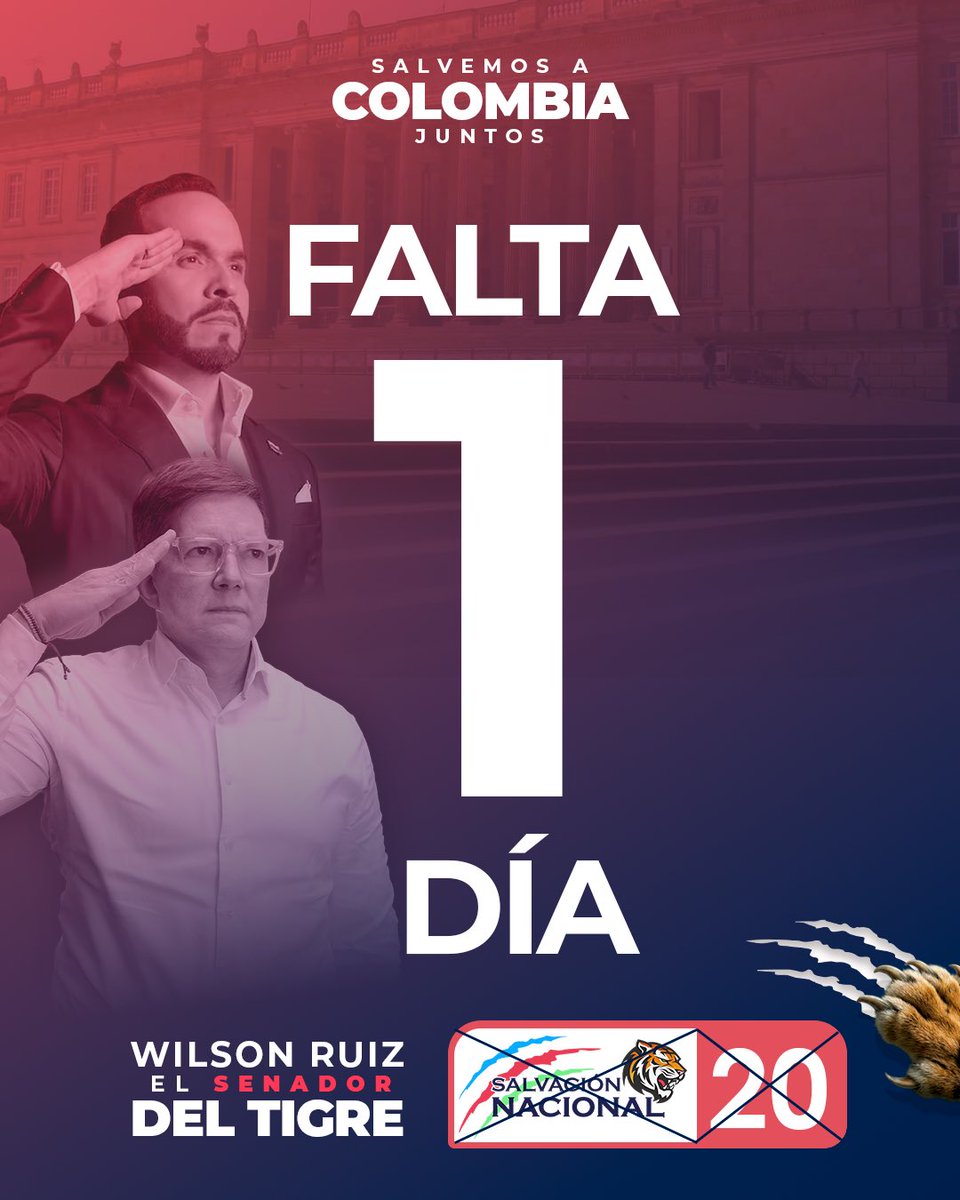 Colombia, falta 1 día. Mañana se decide si seguimos en el mismo miedo e improvisación… o si recuperamos el rumbo con autoridad, legalidad y resultados.

No te quedes por fuera. Tu voto es la fuerza del cambio.
🗳️ Wilson Ruiz – Senado #20 (Salvación Nacional)
🐯 El Senador del