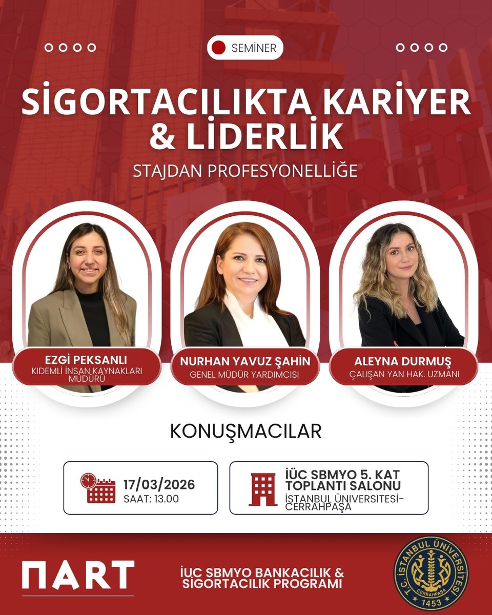 NARTSigorta's tweet image. Sigortacılıkta kariyer çoğu zaman stajla başlar. NART olarak sektör deneyimimizi gençlerle paylaşmayı önemsiyoruz. İstanbul Üniversitesi Cerrahpaşa öğrencileriyle “Sigortacılıkta Kariyer &amp;amp; Liderlik: Stajdan Profesyonelliğe” seminerinde buluşuyoruz.

#nart #üniversitesemineri