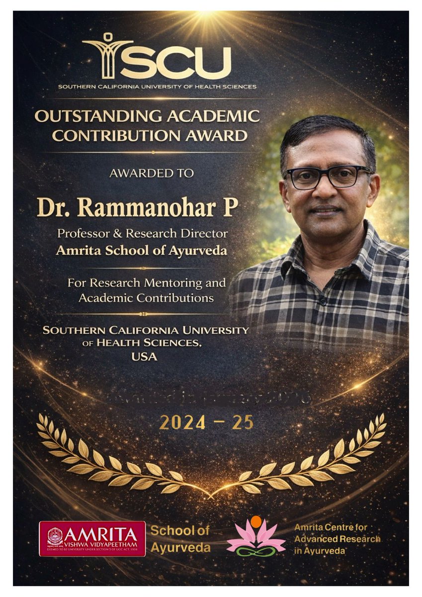 AMRITAedu's tweet image. Amrita School of Ayurveda Professor &amp;amp; Vaidya Dr. Rammanohar P. Honoured with Outstanding Academic Contribution Award by SCUHS, USA. The Academy of Ayurvedic Medicine at SCUHS has signed a #MoU with the Amrita School of #Ayurveda to foster academic collaboration.  

Congrats!