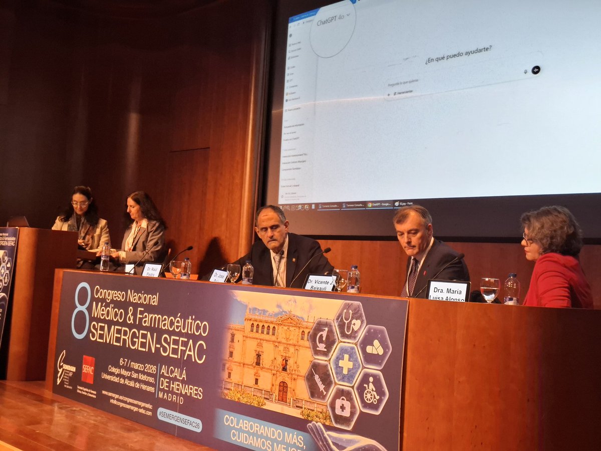 Congreso #semergensefac26 

Comienza la mesa institucional. Innovación digital en la práctica clínica con José Polo, pte de <a href="/SEMERGENap/">SEMERGEN | Médicos de AP</a> , Vicente Baixauli,  pte SEFAC, Raúl Piedra, medicina familiar y comunitaria, Marisa Alonso, farmacéutica comunitaria