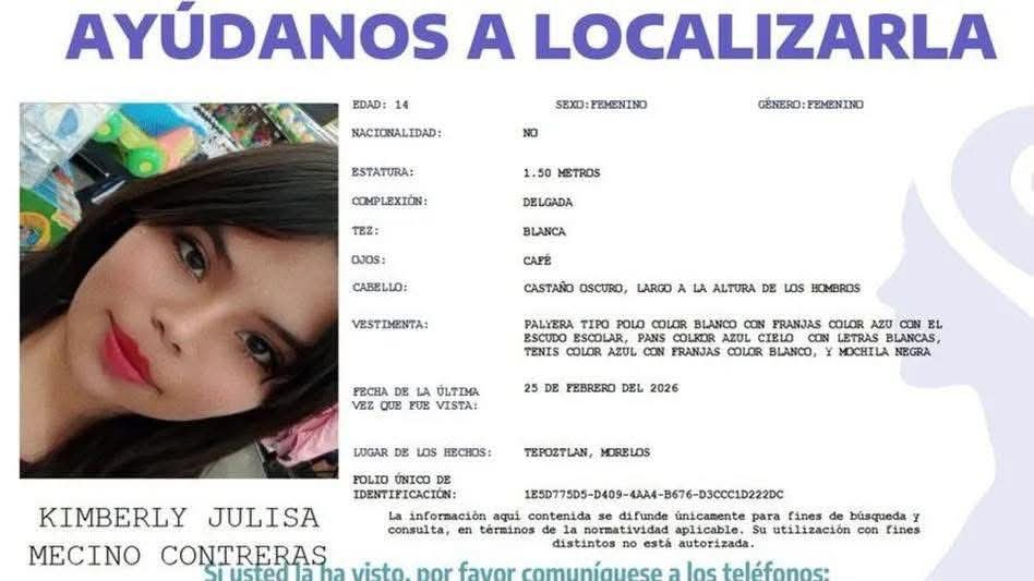 🚨 SE BUSCA 

Pedimos tu apoyo para localizar a Kimberly Julisa, de 14 años, reportada como desaparecida desde el 25 de febrero 

Cualquier información puede ayudar.