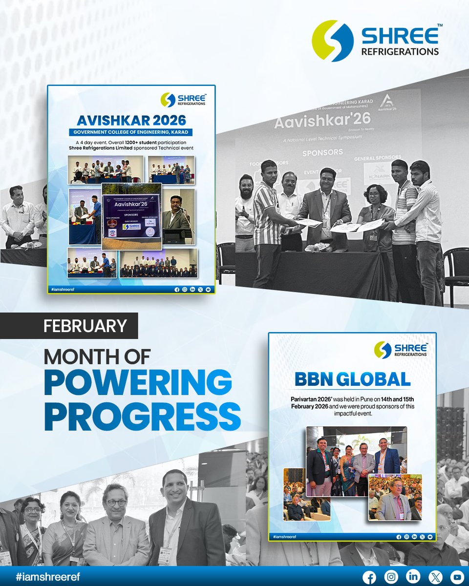 shree_ref's tweet photo. Powering progress this February! Proud sponsors of Avishkar 2026 at GCE Karad and Parivartan 2026 by BBN Global in Pune—supporting talent, and meaningful collaborations.

#Sponsored #shreerefrigerations #february https://t.co/mHxzYfvm93